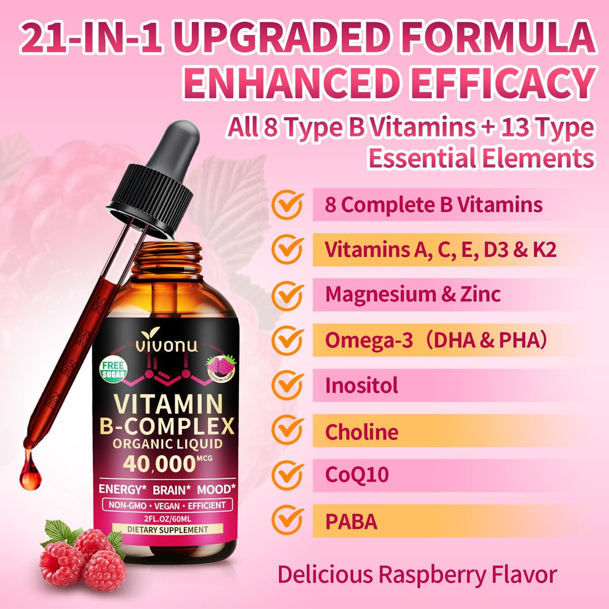 VivoNu Vitamin B Komplex flüssige Tropfen, methyliertes Vitamin B12 6000 mcg, B1, B6, B3, B5, B2, Folat, Biotin mit Vitamin C D A E, Magnesium, Zink, CoQ10 für Energie (1 Flasche)