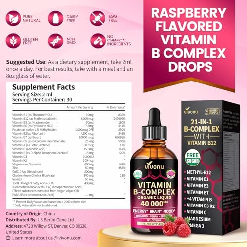 VivoNu Vitamin B Komplex flüssige Tropfen, methyliertes Vitamin B12 6000 mcg, B1, B6, B3, B5, B2, Folat, Biotin mit Vitamin C D A E, Magnesium, Zink, CoQ10 für Energie (1 Flasche)