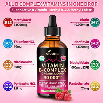 VivoNu Vitamin B Komplex flüssige Tropfen, methyliertes Vitamin B12 6000 mcg, B1, B6, B3, B5, B2, Folat, Biotin mit Vitamin C D A E, Magnesium, Zink, CoQ10 für Energie (1 Flasche)