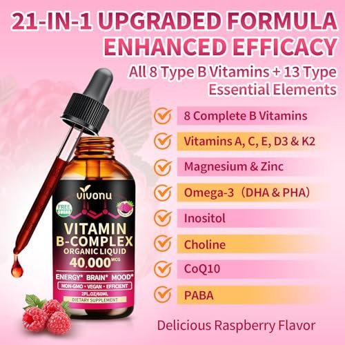 VivoNu Vitamin B Komplex flüssige Tropfen, methyliertes Vitamin B12 6000 mcg, B1, B6, B3, B5, B2, Folat, Biotin mit Vitamin C D A E, Magnesium, Zink, CoQ10 für Energie (1 Flasche)