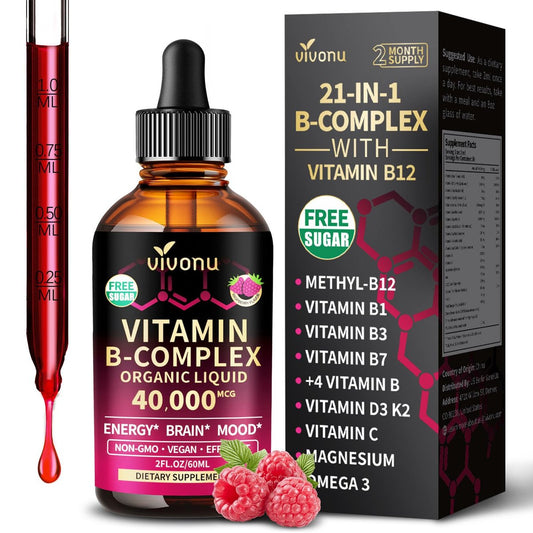 VivoNu Vitamin B Komplex flüssige Tropfen, methyliertes Vitamin B12 6000 mcg, B1, B6, B3, B5, B2, Folat, Biotin mit Vitamin C D A E, Magnesium, Zink, CoQ10 für Energie (1 Flasche)