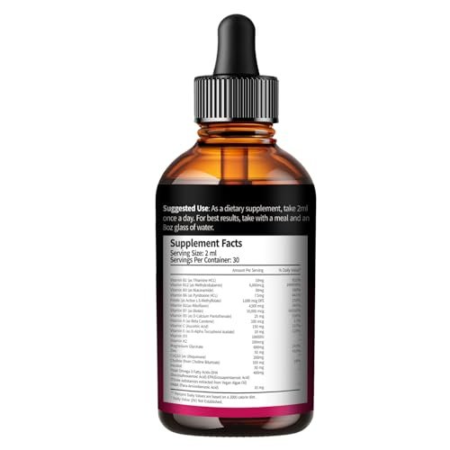 VivoNu Vitamin B Komplex flüssige Tropfen, methyliertes Vitamin B12 6000 mcg, B1, B6, B3, B5, B2, Folat, Biotin mit Vitamin C D A E, Magnesium, Zink, CoQ10 für Energie (1 Flasche)