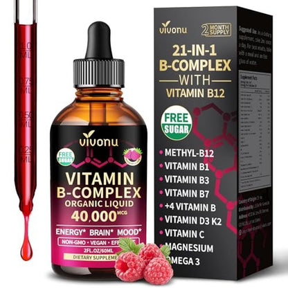 VivoNu Vitamin B Komplex flüssige Tropfen, methyliertes Vitamin B12 6000 mcg, B1, B6, B3, B5, B2, Folat, Biotin mit Vitamin C D A E, Magnesium, Zink, CoQ10 für Energie (1 Flasche)