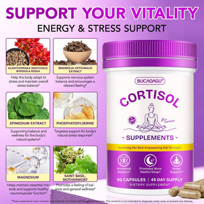 BUCAOAGU Cortisol-Supplement für Frauen – Stressabbau & Hormonbalance mit Magnolienrinde, Rhodiola Rosea, Heiliges Basilikum, Magnesium, Phosphatidylserin – Unterstützt Stimmung, Fokus & Schlaf
