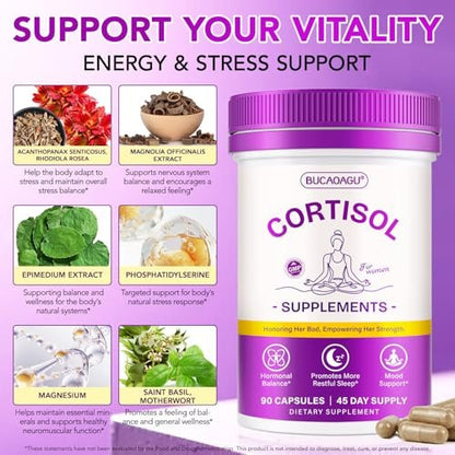 BUCAOAGU Cortisol-Supplement für Frauen – Stressabbau & Hormonbalance mit Magnolienrinde, Rhodiola Rosea, Heiliges Basilikum, Magnesium, Phosphatidylserin – Unterstützt Stimmung, Fokus & Schlaf