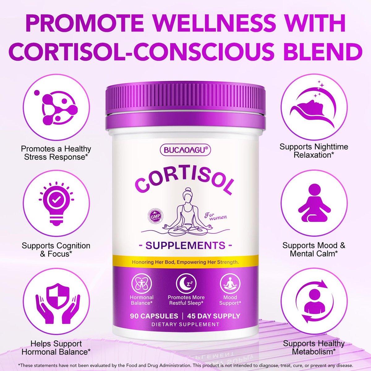 BUCAOAGU Cortisol-Supplement für Frauen – Stressabbau & Hormonbalance mit Magnolienrinde, Rhodiola Rosea, Heiliges Basilikum, Magnesium, Phosphatidylserin – Unterstützt Stimmung, Fokus & Schlaf