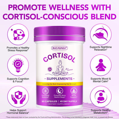 BUCAOAGU Cortisol-Supplement für Frauen – Stressabbau & Hormonbalance mit Magnolienrinde, Rhodiola Rosea, Heiliges Basilikum, Magnesium, Phosphatidylserin – Unterstützt Stimmung, Fokus & Schlaf