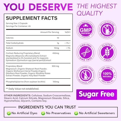 BUCAOAGU Cortisol-Supplement für Frauen – Stressabbau & Hormonbalance mit Magnolienrinde, Rhodiola Rosea, Heiliges Basilikum, Magnesium, Phosphatidylserin – Unterstützt Stimmung, Fokus & Schlaf