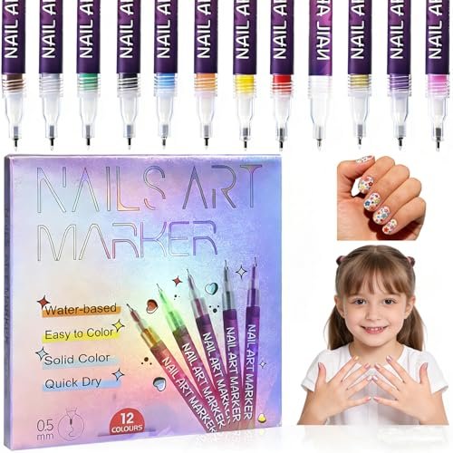 12 Farben Nagelkunst-Stifte Set – Schnelltrocknende Nagellackstifte für Kinder, Mädchen & Frauen – Feine Spitze für Punkte, Linien & DIY Nageldesign