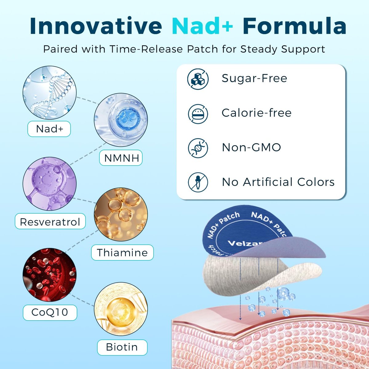 Velzara NAD+ Patches – Komfortable 24h-Pflaster, Vegan, Wasserresistent, 60 Patches