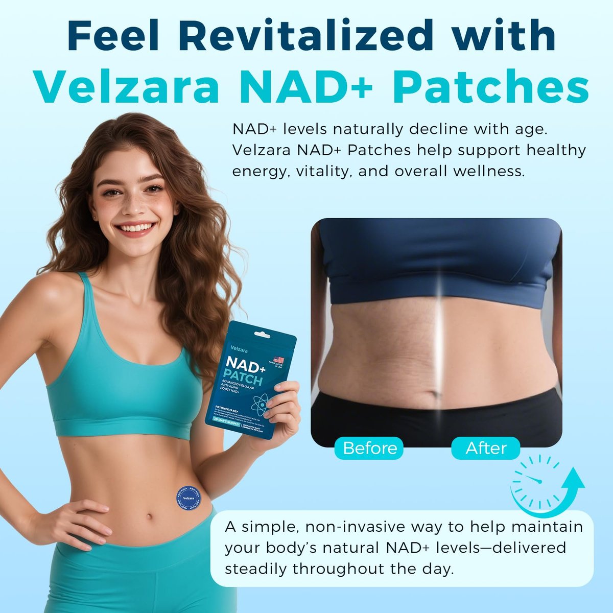 Velzara NAD+ Patches – Komfortable 24h-Pflaster, Vegan, Wasserresistent, 60 Patches