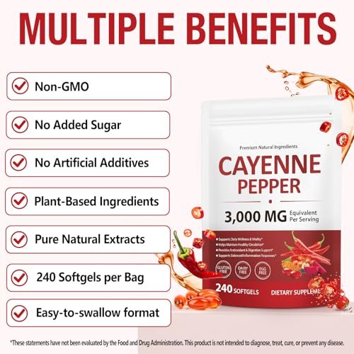 Cayenne Pfeffer Softgels mit Rote-Bete-Extrakt, Kurkuma Curcumin & Weißdorn – Angereichert mit Vitamin D3, K2 & E – Unterstützt Herzgesundheit, Kreislauf & Venengesundheit der Beine – 240 leicht einzunehmende Kapseln