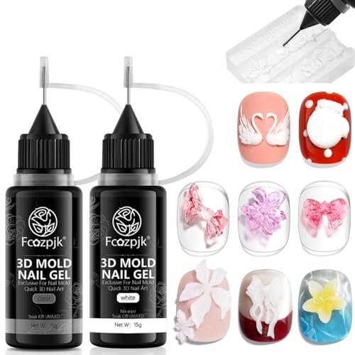 Fcozpjk 3D-Skulpturgel, 2x 15g Klares Weißes Modelliergel für Silikon-Nagelcharm-Formen, Schnelltrocknendes Gel zum Formen von Blumen und Nageldesigns, UV-härtend für DIY-Maniküre