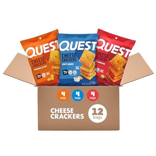 Quest Cheesy Protein Crackers Variety Pack – Zesty Ranch, Cheddar Blast, Spicy Cheddar – 12er Pack (je 4 Stück), High Protein, Low Carb