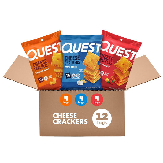 Quest Cheesy Protein Crackers Variety Pack – Zesty Ranch, Cheddar Blast, Spicy Cheddar – 12er Pack (je 4 Stück), High Protein, Low Carb