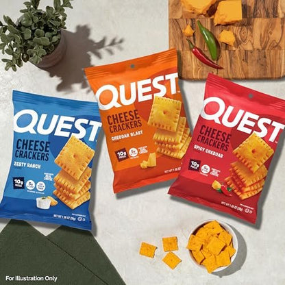 Quest Cheesy Protein Crackers Variety Pack – Zesty Ranch, Cheddar Blast, Spicy Cheddar – 12er Pack (je 4 Stück), High Protein, Low Carb