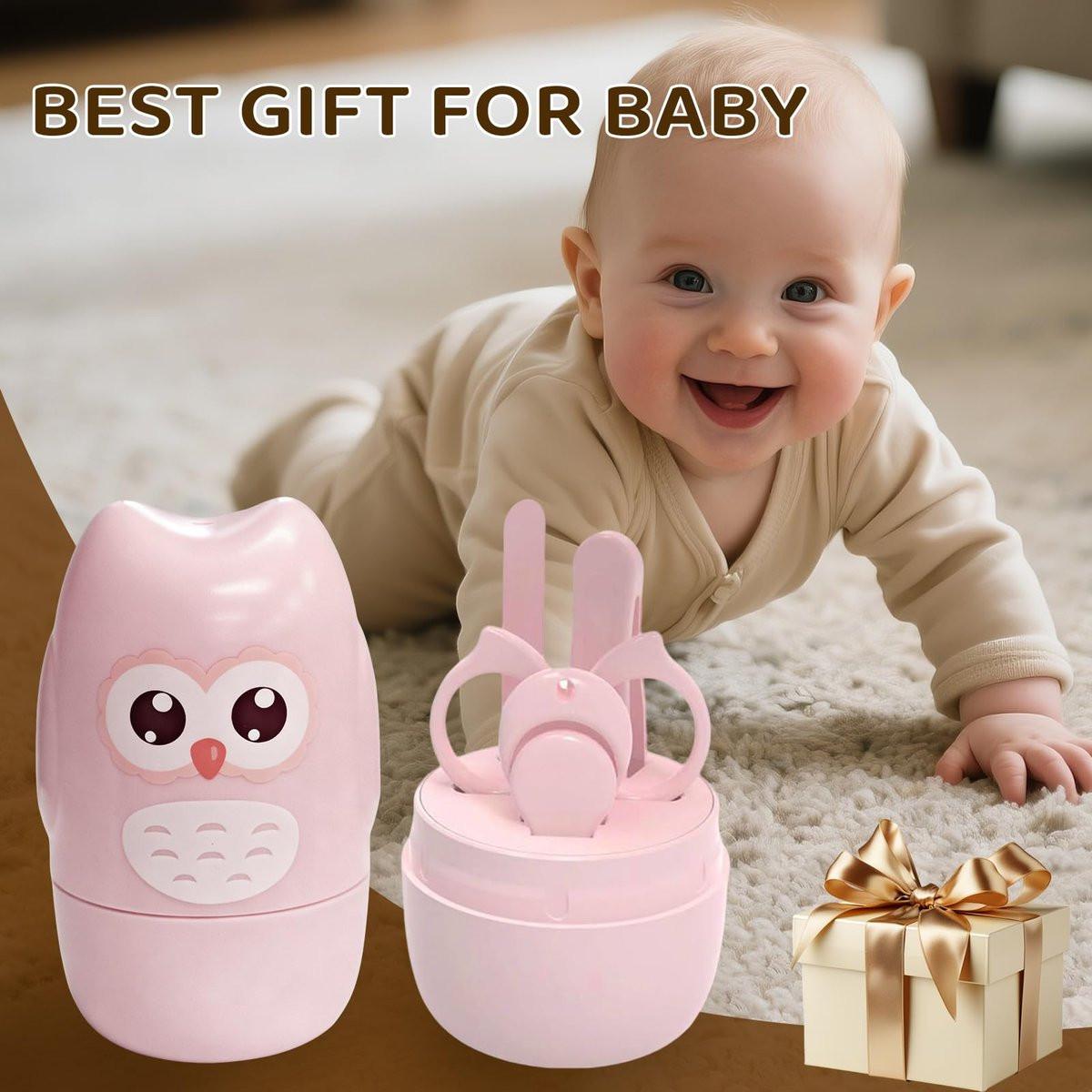 Baby Nagelset mit süßem Eulen-Design – Maniküre- und Pediküre-Set für Neugeborene mit Nagelknipser, Schere, Feile und Pinzette für die Pflege von Babys und Kleinkindern (Geschenk für Mütter) (Pink)