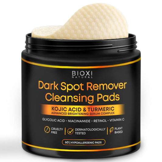 BIOXI Dark Spot Remover Reinigungspads mit Kojisäure & Kurkuma – Fortschrittlicher koreanischer Brightening-Serumkomplex mit Glykolsäure, Niacinamid, Retinol & Vitamin C für Gesicht & Körper – 60 hypoallergene Pads