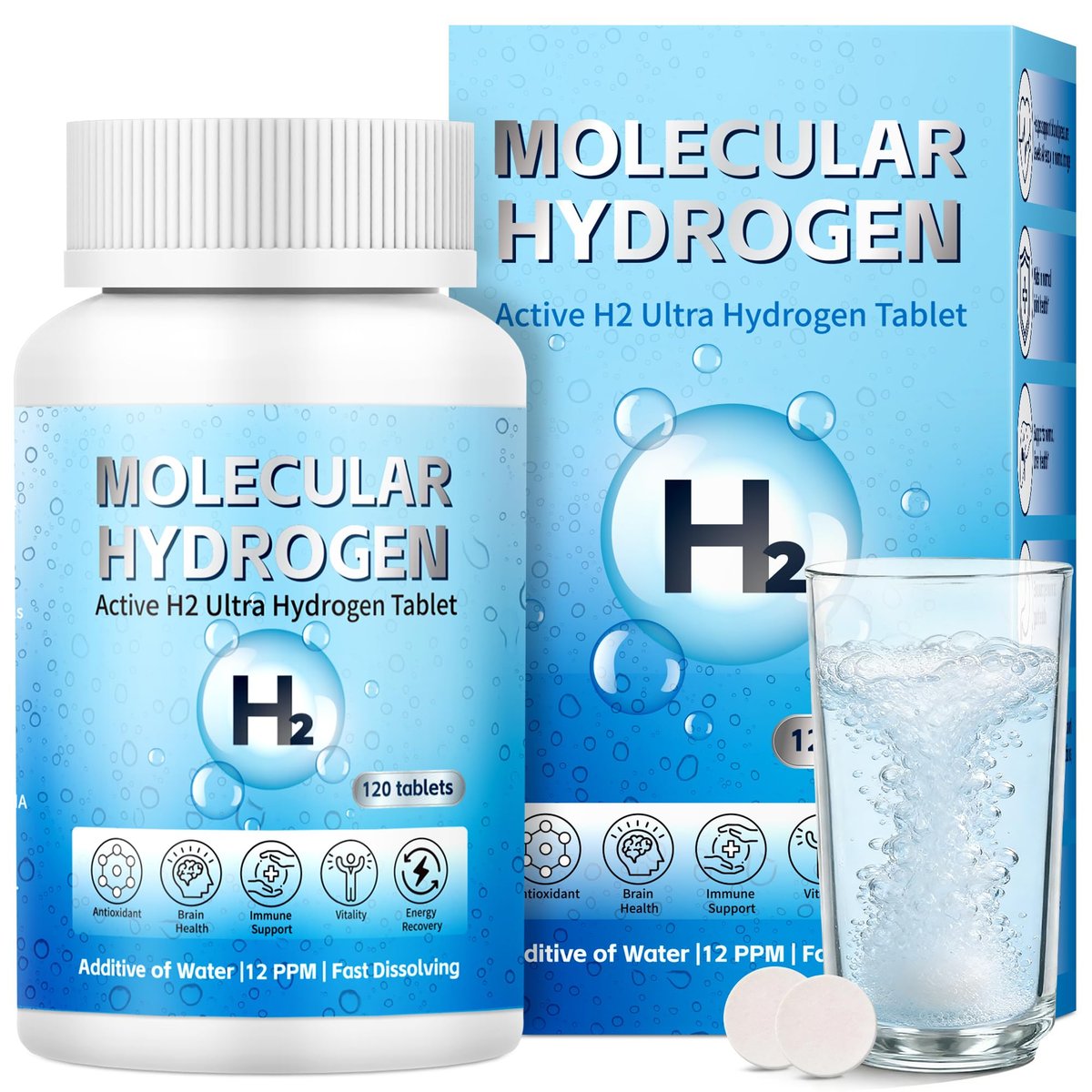 Wasserstoff-Wasser-Tabletten mit Magnesium – 12 PPM H2 Molekularer Wasserstoff für Trinkwasser, schnell löslich, Antioxidans-Unterstützung für Zellvitalität, Energiegewinnung, Nicht-GVO, 120 Stück