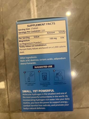 Wasserstoff-Wasser-Tabletten mit Magnesium – 12 PPM H2 Molekularer Wasserstoff für Trinkwasser, schnell löslich, Antioxidans-Unterstützung für Zellvitalität, Energiegewinnung, Nicht-GVO, 120 Stück