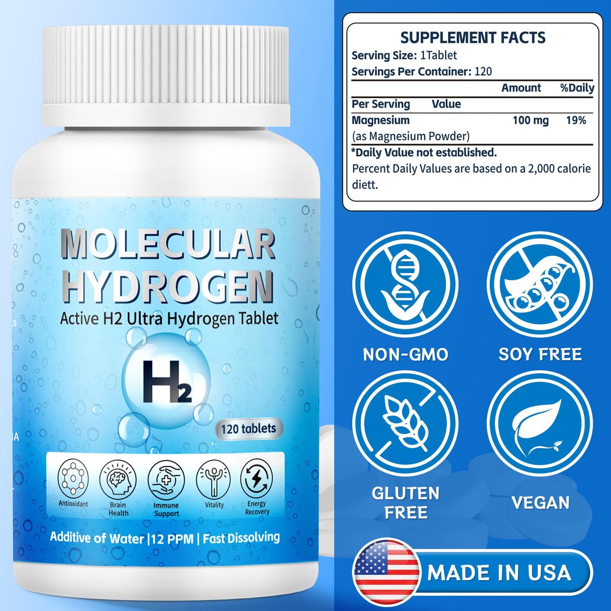 Wasserstoff-Wasser-Tabletten mit Magnesium – 12 PPM H2 Molekularer Wasserstoff für Trinkwasser, schnell löslich, Antioxidans-Unterstützung für Zellvitalität, Energiegewinnung, Nicht-GVO, 120 Stück