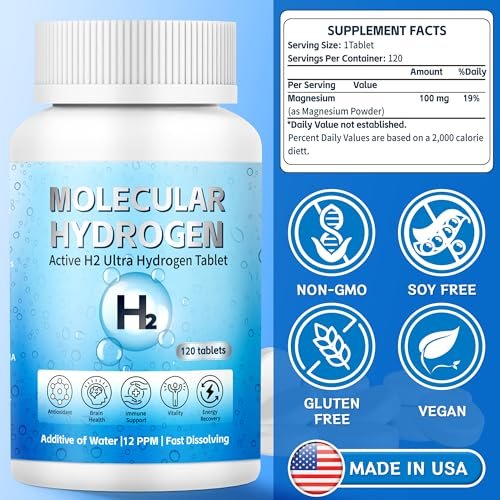 Wasserstoff-Wasser-Tabletten mit Magnesium – 12 PPM H2 Molekularer Wasserstoff für Trinkwasser, schnell löslich, Antioxidans-Unterstützung für Zellvitalität, Energiegewinnung, Nicht-GVO, 120 Stück
