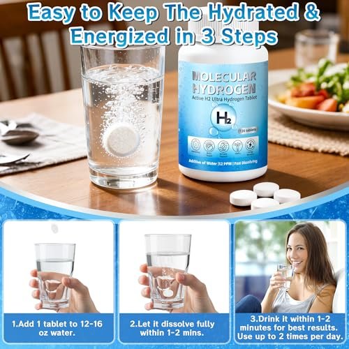 Wasserstoff-Wasser-Tabletten mit Magnesium – 12 PPM H2 Molekularer Wasserstoff für Trinkwasser, schnell löslich, Antioxidans-Unterstützung für Zellvitalität, Energiegewinnung, Nicht-GVO, 120 Stück