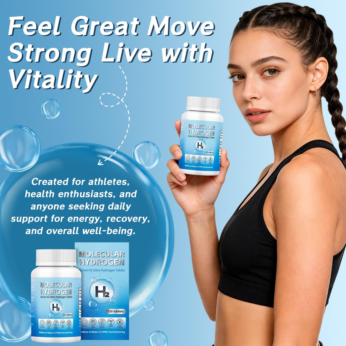 Wasserstoff-Wasser-Tabletten mit Magnesium – 12 PPM H2 Molekularer Wasserstoff für Trinkwasser, schnell löslich, Antioxidans-Unterstützung für Zellvitalität, Energiegewinnung, Nicht-GVO, 120 Stück
