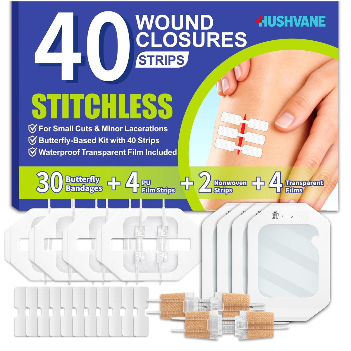 Wundverschlussstreifen für die Haut, 40er Pack, nahtloses Hautverschlussgerät, Alternative zu Nähten bei Schnitten und Platzwunden, Butterfly-Bandagen für Wundverschluss, wasserdicht und atmungsaktiv