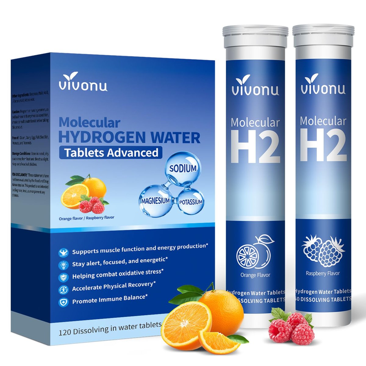 VivoNu Hydrogen-Wasser-Tabletten mit Elektrolyten & Magnesium-Komplex, Vitamin C & D | 2 Geschmacksrichtungen (Orange & Himbeere) | Zuckerfreies Elektrolyt-Pulver-Alternative für schnelle Hydration & Erholung