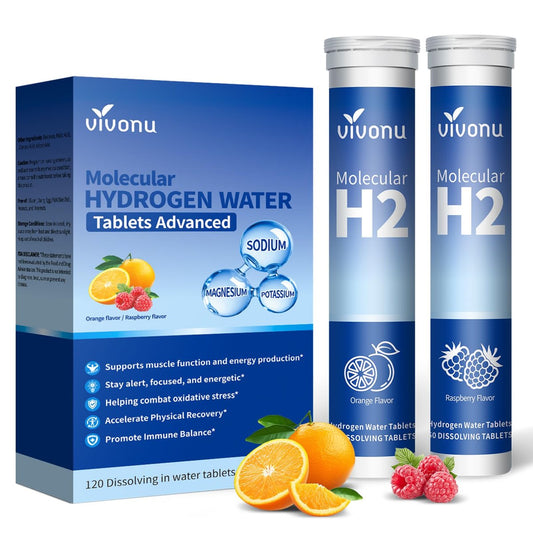 VivoNu Hydrogen-Wasser-Tabletten mit Elektrolyten & Magnesium-Komplex, Vitamin C & D | 2 Geschmacksrichtungen (Orange & Himbeere) | Zuckerfreies Elektrolyt-Pulver-Alternative für schnelle Hydration & Erholung