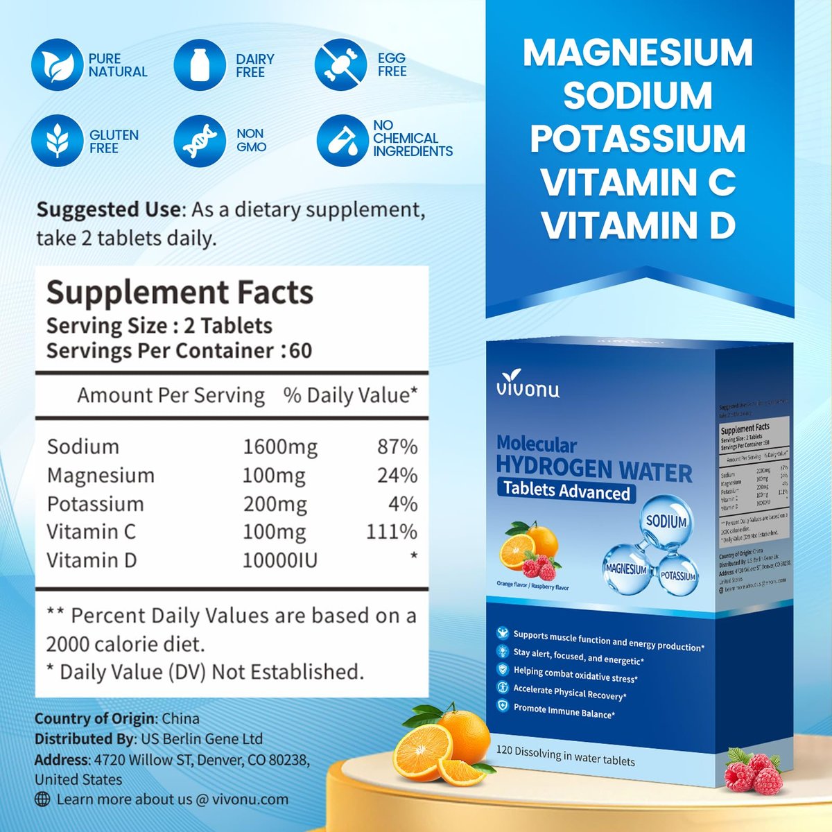 VivoNu Hydrogen-Wasser-Tabletten mit Elektrolyten & Magnesium-Komplex, Vitamin C & D | 2 Geschmacksrichtungen (Orange & Himbeere) | Zuckerfreies Elektrolyt-Pulver-Alternative für schnelle Hydration & Erholung