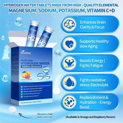 VivoNu Hydrogen-Wasser-Tabletten mit Elektrolyten & Magnesium-Komplex, Vitamin C & D | 2 Geschmacksrichtungen (Orange & Himbeere) | Zuckerfreies Elektrolyt-Pulver-Alternative für schnelle Hydration & Erholung