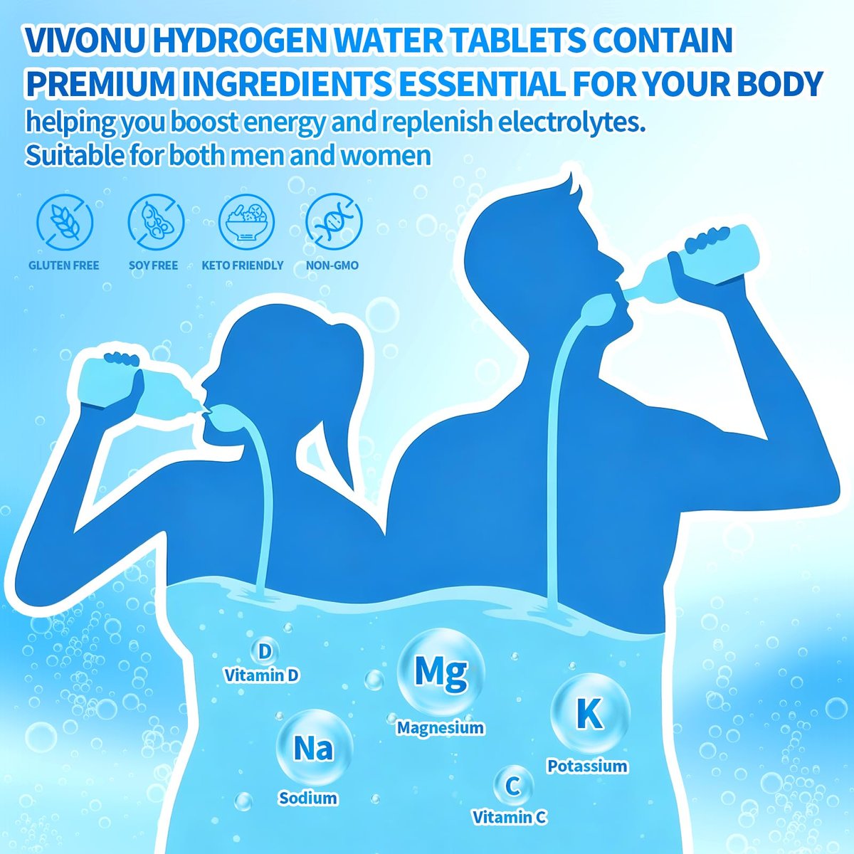 VivoNu Hydrogen-Wasser-Tabletten mit Elektrolyten & Magnesium-Komplex, Vitamin C & D | 2 Geschmacksrichtungen (Orange & Himbeere) | Zuckerfreies Elektrolyt-Pulver-Alternative für schnelle Hydration & Erholung