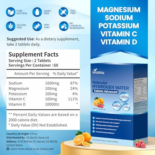 VivoNu Hydrogen-Wasser-Tabletten mit Elektrolyten & Magnesium-Komplex, Vitamin C & D | 2 Geschmacksrichtungen (Orange & Himbeere) | Zuckerfreies Elektrolyt-Pulver-Alternative für schnelle Hydration & Erholung