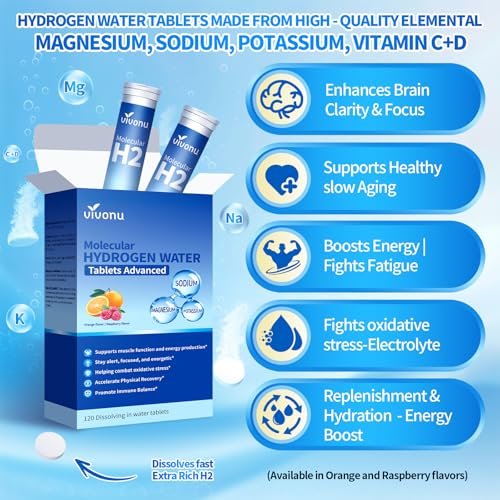 VivoNu Hydrogen-Wasser-Tabletten mit Elektrolyten & Magnesium-Komplex, Vitamin C & D | 2 Geschmacksrichtungen (Orange & Himbeere) | Zuckerfreies Elektrolyt-Pulver-Alternative für schnelle Hydration & Erholung
