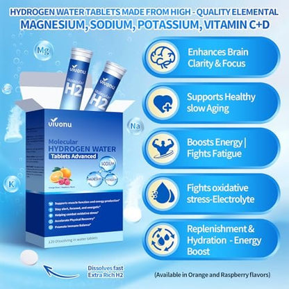 VivoNu Hydrogen-Wasser-Tabletten mit Elektrolyten & Magnesium-Komplex, Vitamin C & D | 2 Geschmacksrichtungen (Orange & Himbeere) | Zuckerfreies Elektrolyt-Pulver-Alternative für schnelle Hydration & Erholung