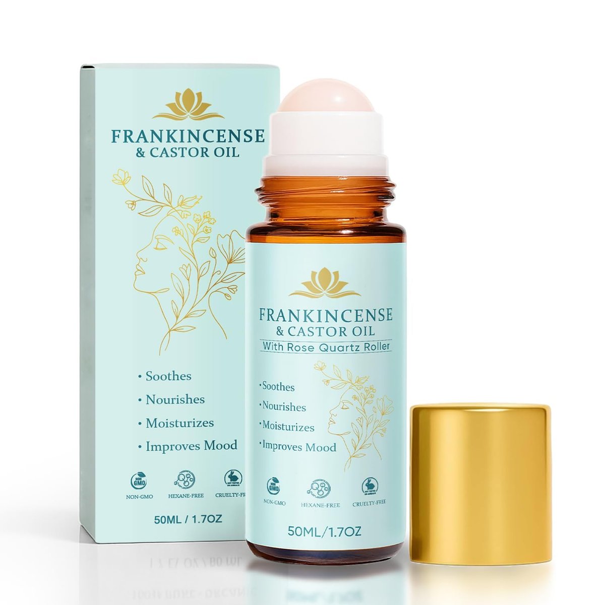 Weihrauch & Rizinusöl Rosenquarz-Roller – 50 ml, kaltgepresst, für Gesicht, Hals & Bauch, strafft die Haut, reduziert feine Linien