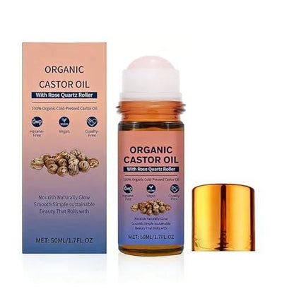 Bio Rizinusöl Roll-On mit Rosenquarz-Roller – 100% reines, kaltgepresstes und hexanfreies Rizinusöl für Gesicht, Körper, Haare und Augenbrauen – 50 ml