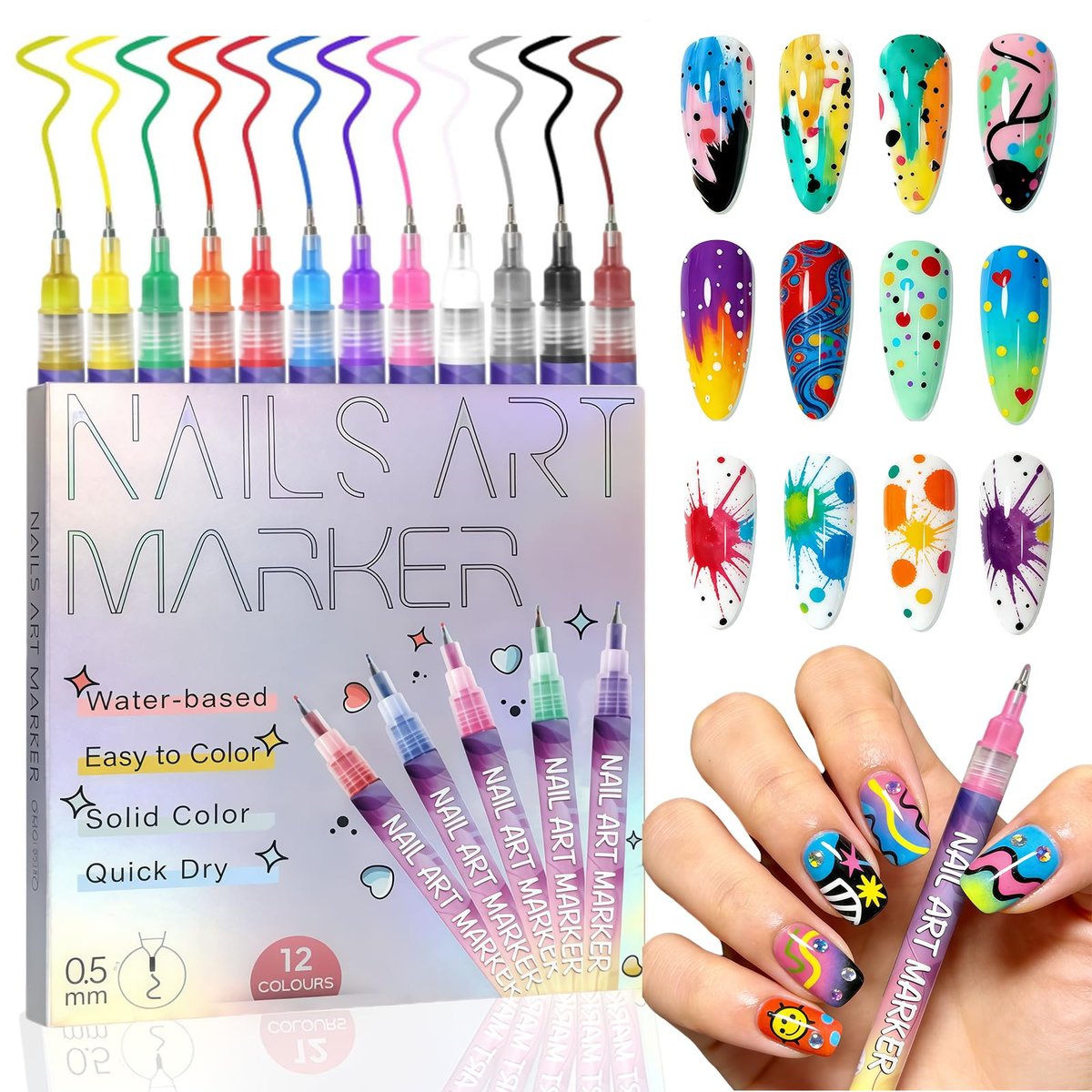 LuneHe life 12 Farben Nagelkunst-Stifte Set – Schnelltrocknende Nagelmarker & Nagellackstifte zum Zeichnen, Malen und Tupfen, DIY-Maniküre-Werkzeuge für Nageldesign, für Zuhause und Salon