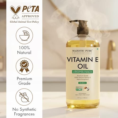 Majestic Pure Öl – 100% reines und natürliches Haarwachstumsöl für Wimpern, Augenbrauen, Haut, Gesicht, Nägel & Kopfhaut – Kokosnuss & Vanille Formel mit Vitamin E – 240 ml