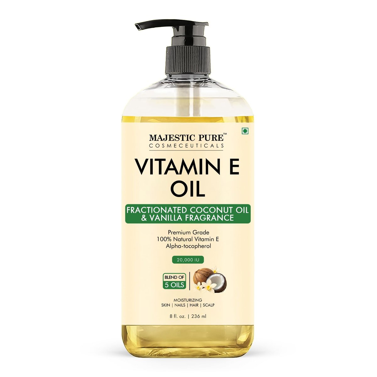 Majestic Pure Öl – 100% reines und natürliches Haarwachstumsöl für Wimpern, Augenbrauen, Haut, Gesicht, Nägel & Kopfhaut – Kokosnuss & Vanille Formel mit Vitamin E – 240 ml