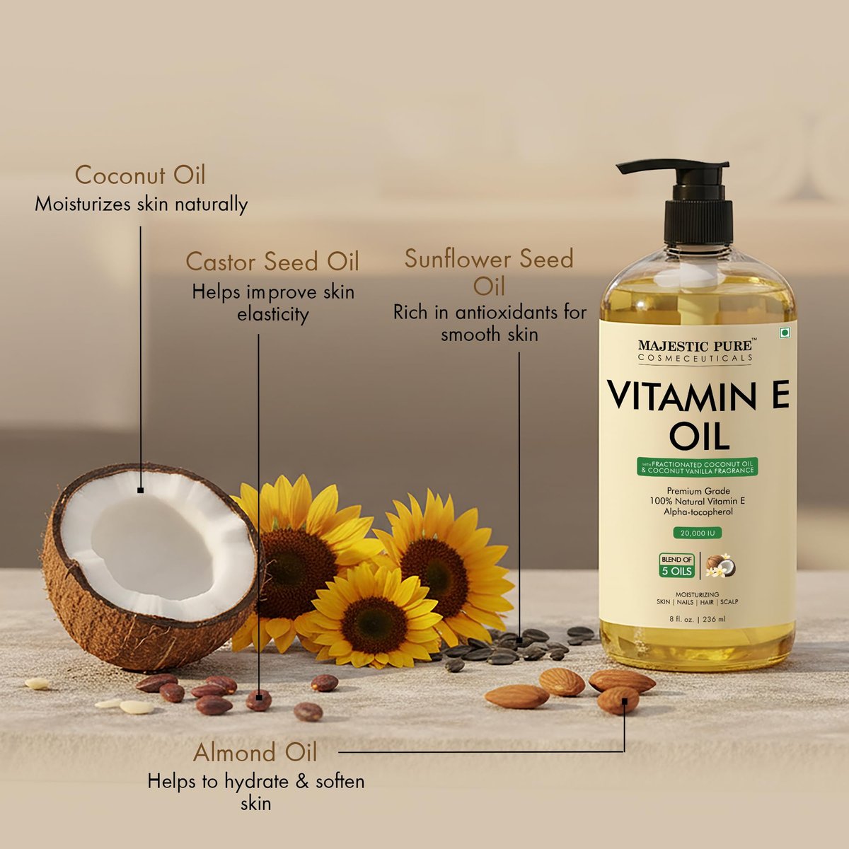 Majestic Pure Öl – 100% reines und natürliches Haarwachstumsöl für Wimpern, Augenbrauen, Haut, Gesicht, Nägel & Kopfhaut – Kokosnuss & Vanille Formel mit Vitamin E – 240 ml