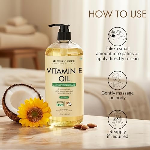 Majestic Pure Öl – 100% reines und natürliches Haarwachstumsöl für Wimpern, Augenbrauen, Haut, Gesicht, Nägel & Kopfhaut – Kokosnuss & Vanille Formel mit Vitamin E – 240 ml
