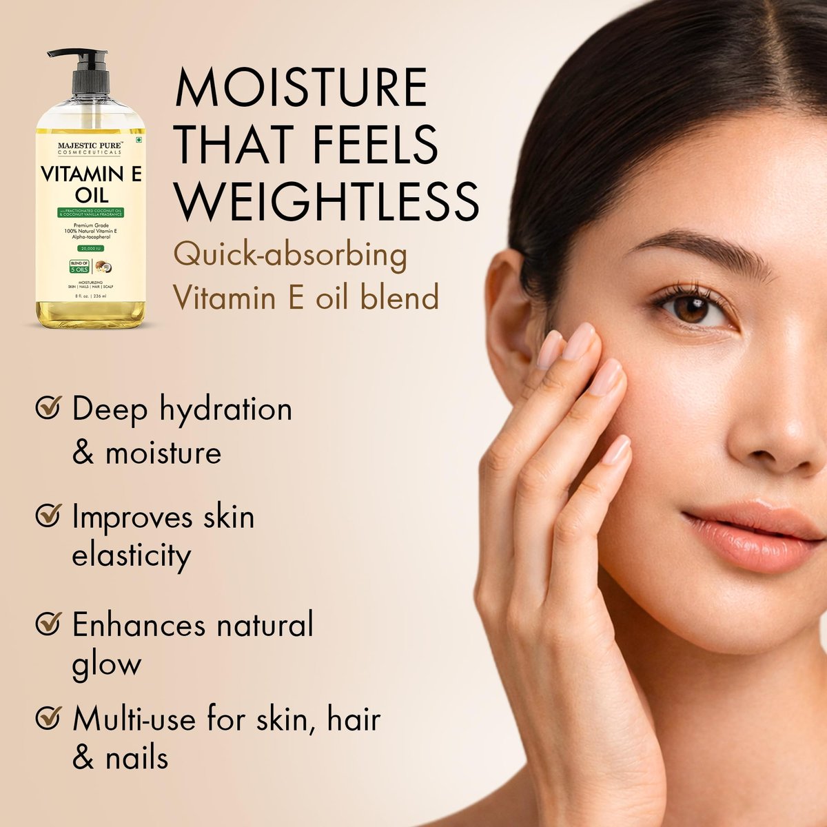 Majestic Pure Öl – 100% reines und natürliches Haarwachstumsöl für Wimpern, Augenbrauen, Haut, Gesicht, Nägel & Kopfhaut – Kokosnuss & Vanille Formel mit Vitamin E – 240 ml