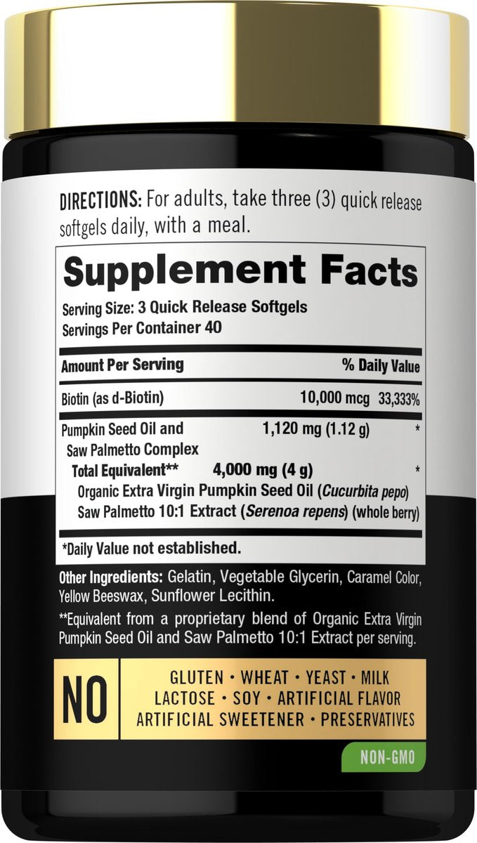 Carlyle Kürbiskernöl mit Sägepalme 4000 mg | 120 Softgel-Kapseln | für Männer & Frauen | 3-fach-Formel mit Biotin | Nicht-GVO, glutenfreies Nahrungsergänzungsmittel