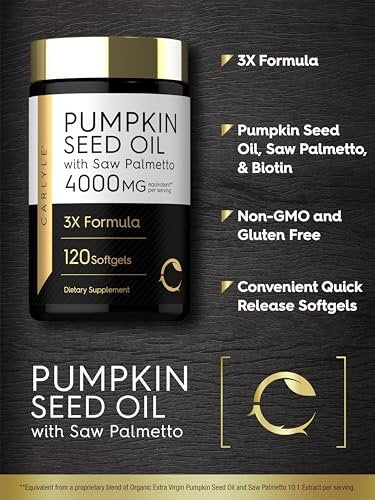 Carlyle Kürbiskernöl mit Sägepalme 4000 mg | 120 Softgel-Kapseln | für Männer & Frauen | 3-fach-Formel mit Biotin | Nicht-GVO, glutenfreies Nahrungsergänzungsmittel