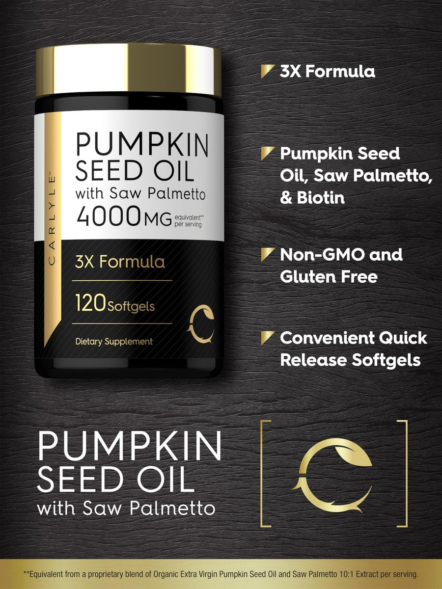 Carlyle Kürbiskernöl mit Sägepalme 4000 mg | 120 Softgel-Kapseln | für Männer & Frauen | 3-fach-Formel mit Biotin | Nicht-GVO, glutenfreies Nahrungsergänzungsmittel
