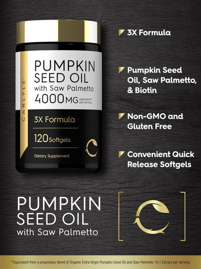 Carlyle Kürbiskernöl mit Sägepalme 4000 mg | 120 Softgel-Kapseln | für Männer & Frauen | 3-fach-Formel mit Biotin | Nicht-GVO, glutenfreies Nahrungsergänzungsmittel