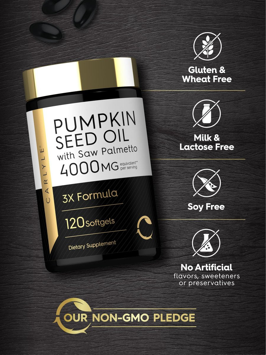 Carlyle Kürbiskernöl mit Sägepalme 4000 mg | 120 Softgel-Kapseln | für Männer & Frauen | 3-fach-Formel mit Biotin | Nicht-GVO, glutenfreies Nahrungsergänzungsmittel